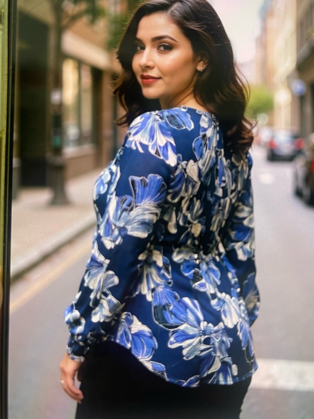 Spense Navy Blue Floral Long-Sleeve Blouse